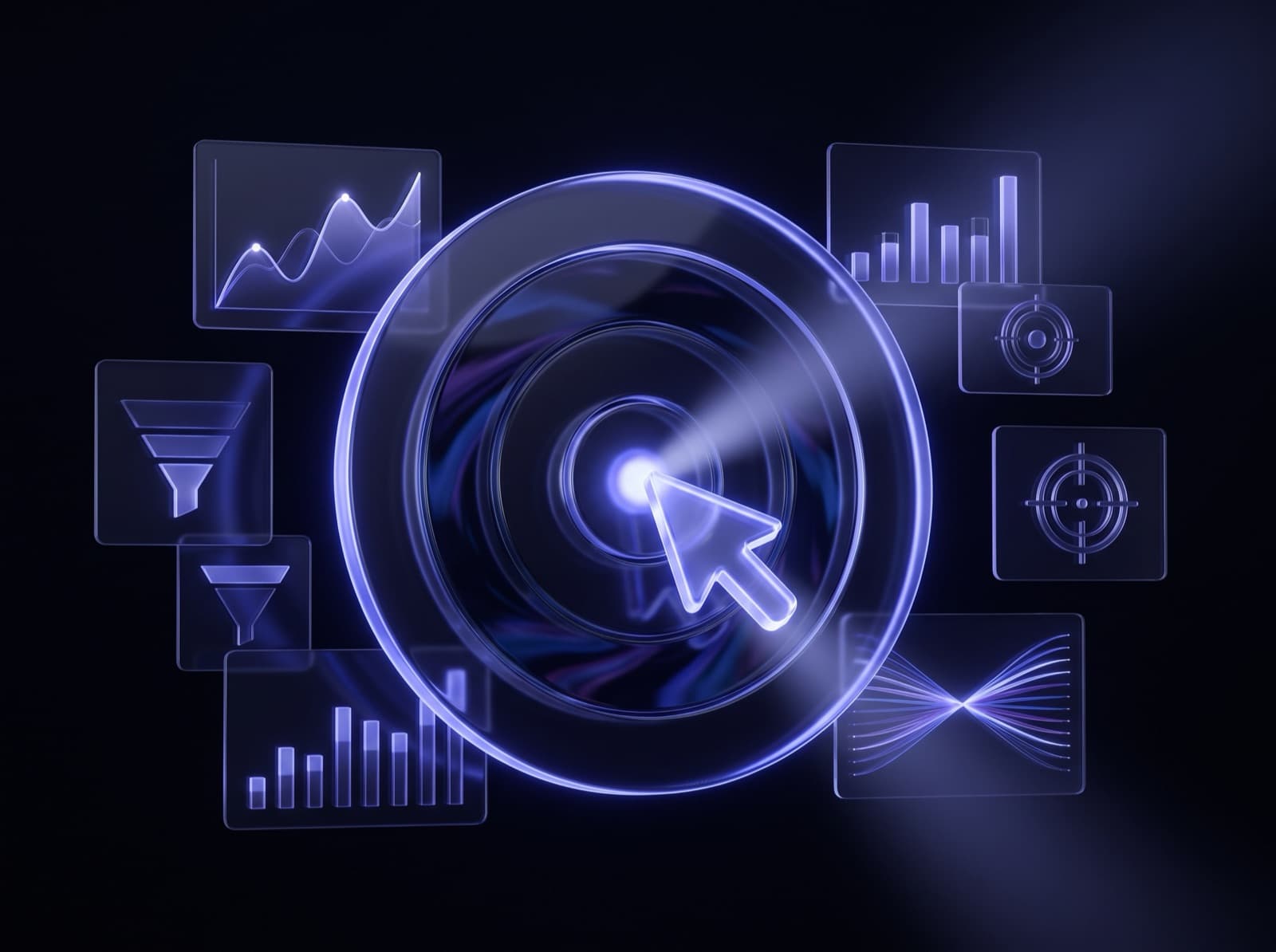 Gestão de Ads — alvo de vidro com cursor apontando o centro