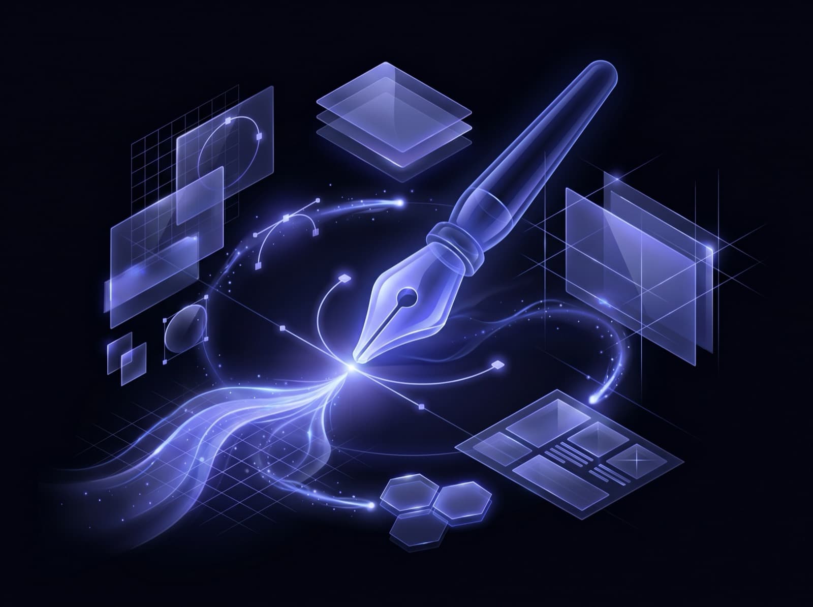 Design & Criação — pen tool de vidro desenhando um sistema visual