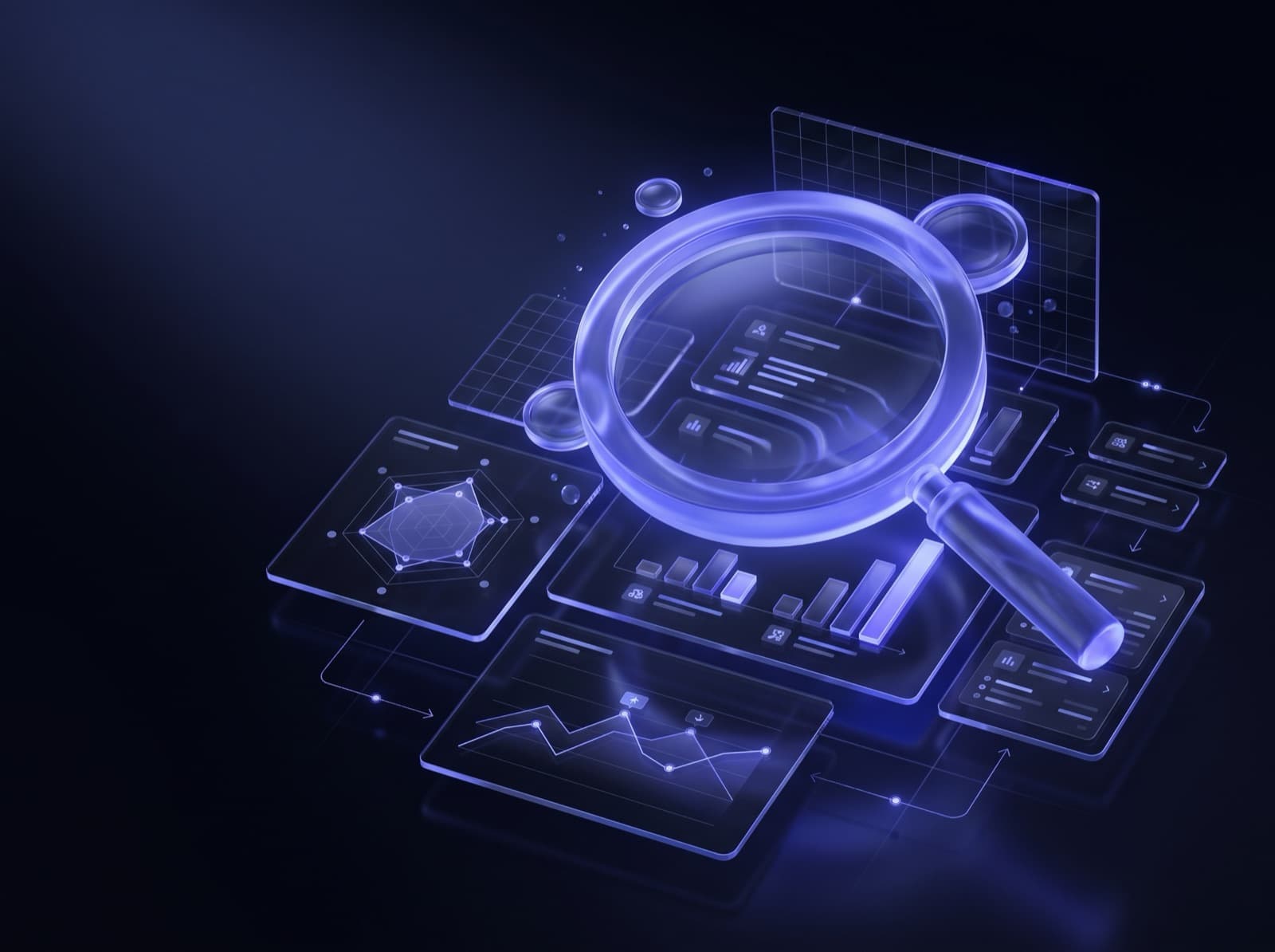 Estudo de Concorrentes — lupa de vidro Iris ampliando painéis comparativos