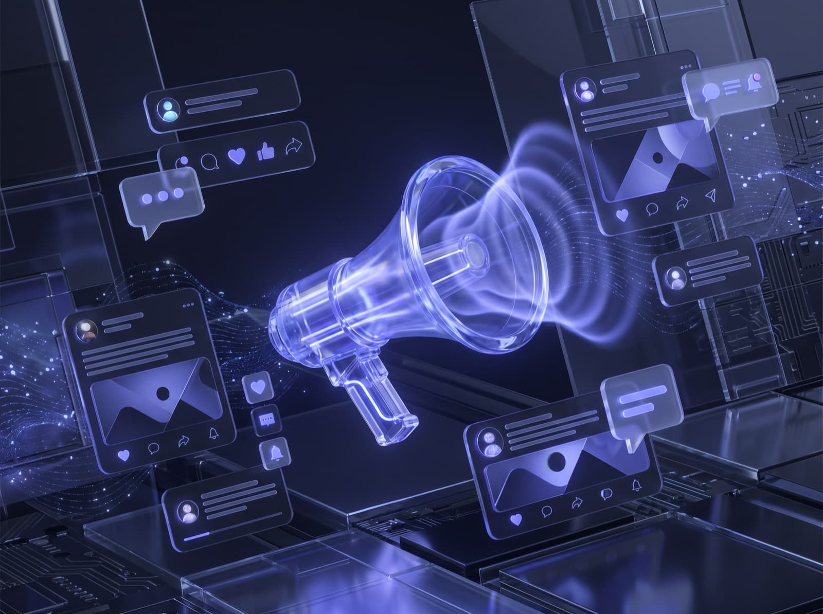 Social Media — megafone de vidro Iris distribuindo conteúdo